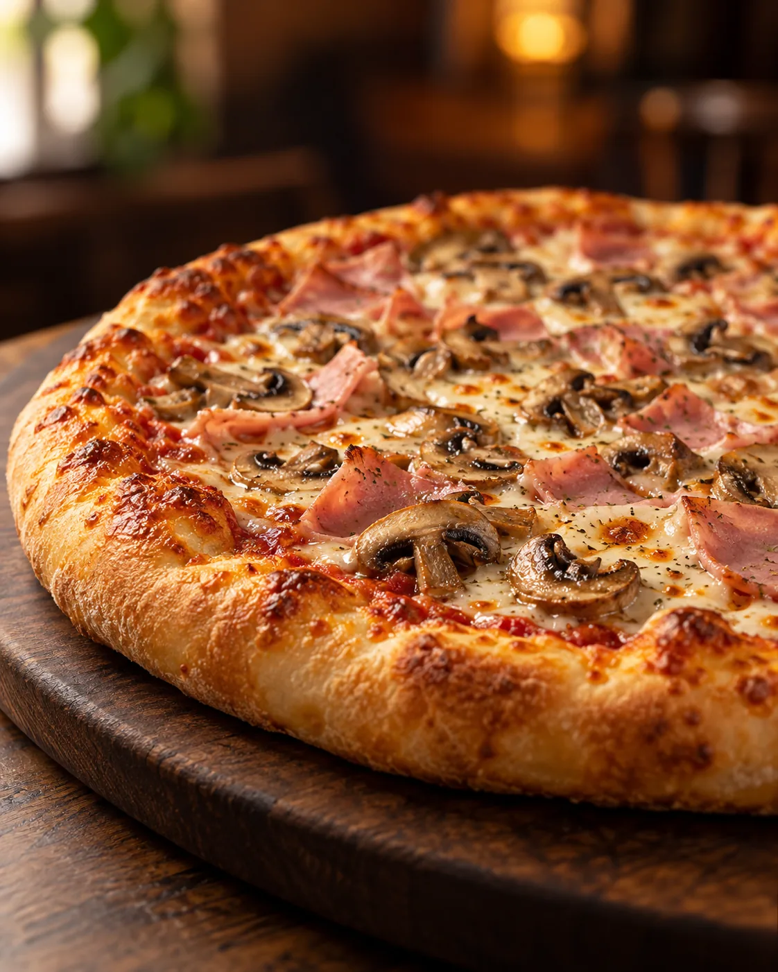 Pizza z szynką i pieczarkami na grubszym cieście z rumianym rantem
